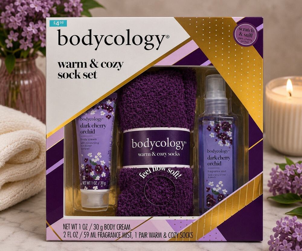 Bodycology Dark Cherry Orchid Warm & Cozy Sock Gift Set Mist Cream NIP